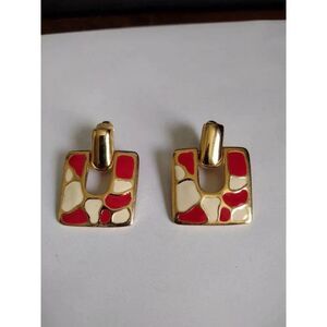 Vintage Aurum Clad Red and Cream Enamel Clip Earrings